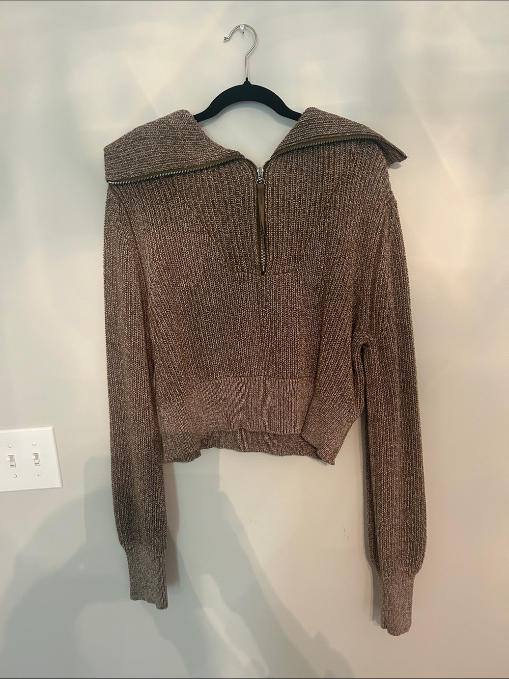 Varley Taupe Ribbed Cropped Half-Zip Turtleneck Sweater